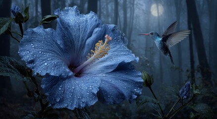 Fototapeta premium Floral Serenity: An ethereal scene unfolds as a vibrant blue hibiscus flower, adorned with glistening droplets, beckons a delicate hummingbird amidst a misty forest.
