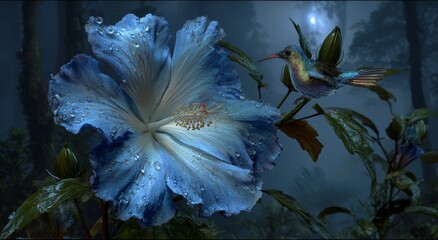 Fototapeta premium Enchanted Floral Embrace: A hummingbird, a vivid flash of color, delicately hovers near a large, blue flower adorned with droplets, creating a scene of nature's beauty and wonder.