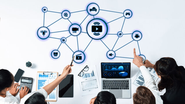 Multimedia technology with video, audio, photo and streaming icons representing digital media, communication and online platforms in a modern multimedia world. Entice - Powered by Adobe