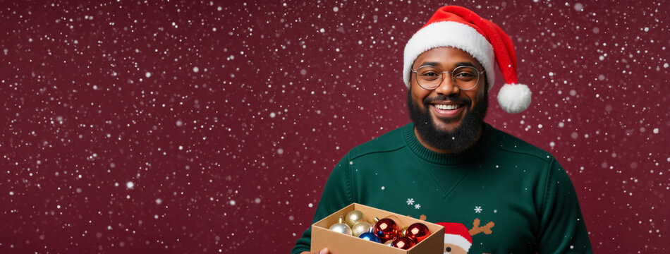 Happy black man in a santa hat holding christmas ornaments. Cheerful person in a festive sweater on a red background with snow. Holiday celebration banner