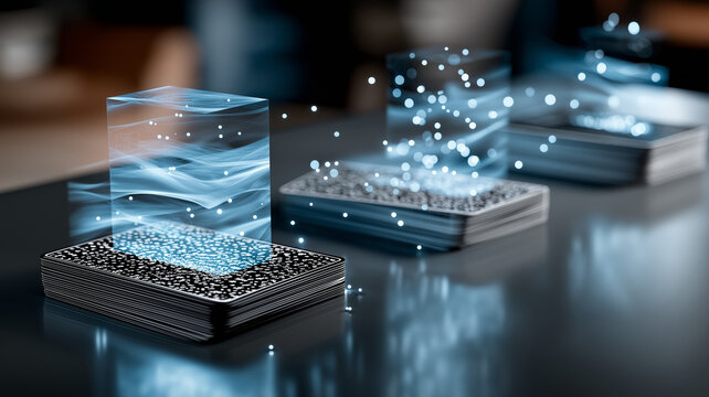 Stack of tarot cards emits glowing holographic display, creating mystical and futuristic atmosphere. cards are arranged on reflective surface, enhancing ethereal effect