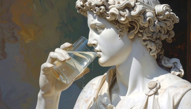 A classical marble statue in profile, drinking from a clear glass, with a blurred, colorful background - Powered by Adobe