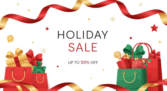Festive holiday sale announcement with up to 50 percent off discount and gift bags - Powered by Adobe