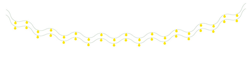 Festive yellow glowing light bulbs string decoration on transparent background