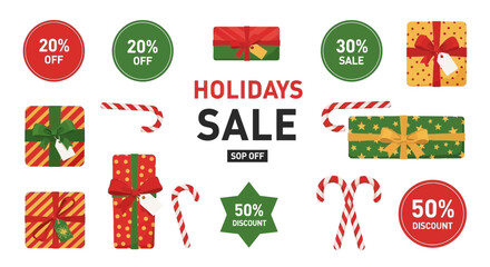 Festive holiday sale with gift boxes candy canes and discount offers on white background
