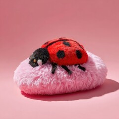 Plush ladybug rests on a fuzzy pink cushion against a solid pink background.