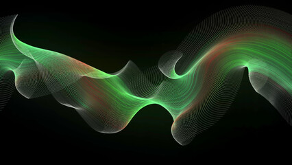 Obraz premium Abstract Swirling Wave of Green and Red Dots on Black Background Keywords: abstract, wave, swirl, dots, particles, flowing, motion, energy, light, digital art, futuristic, science, technology