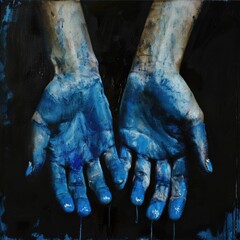 two hands painted in blue