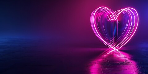 Vibrant neon heart glows with electric pink and blue light against a dark, reflective background.
