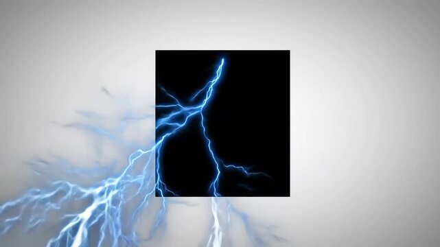 Dynamic blue lightning bolt striking through a dark square portal creating an electrifying visual effect with energy and power ideal for technology science or abstract concepts.