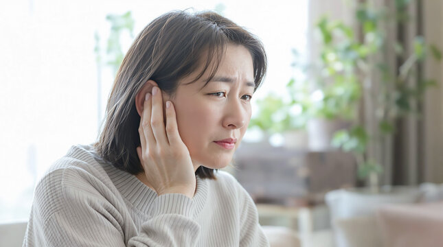 片方の耳に手を当てて辛そうな表情の中年のアジア人女性