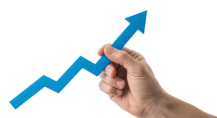 Hand holding a blue arrow graph pointing upwards