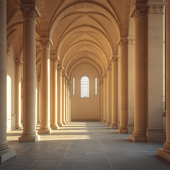 Sunlit hallway characterized by arched stone columns and a vaulted ceiling.