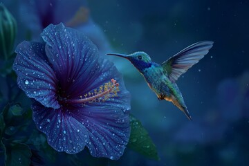 Fototapeta premium Hummingbird's Nectar Oasis: A tiny hummingbird hovers gracefully near a vibrant, dewy hibiscus flower, its long beak poised to sip nectar, capturing a moment of natural beauty and symbiosis.