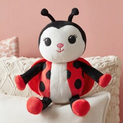 Plush ladybug toy with red and black spots sits on a white surface.
