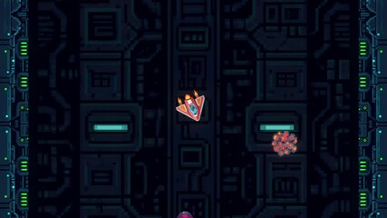 Pixel art space shooter scene showing a red spaceship dodging enemy UFO fire in a futuristic sci-fi corridor with glowing neon panels and detailed cybernetic textures. - Powered by Adobe