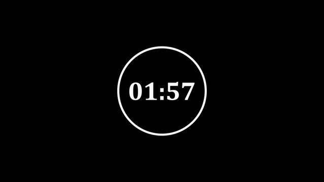 White circle timer counting down on black background with 01:57 displayed Keywords: timer, countdown, clock, time, seconds, minutes, digital, display, numbers, circle, graphic, black, white
