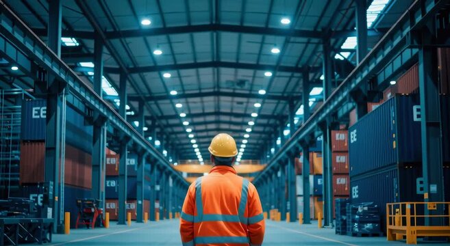 Worker in safety gear stands under a massive yellow overhead crane surrounded by towering stacks of shipping containers inside a modern logistics warehouse facility