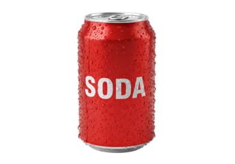A refreshing red soda can covered in water droplets isolated on transparent background