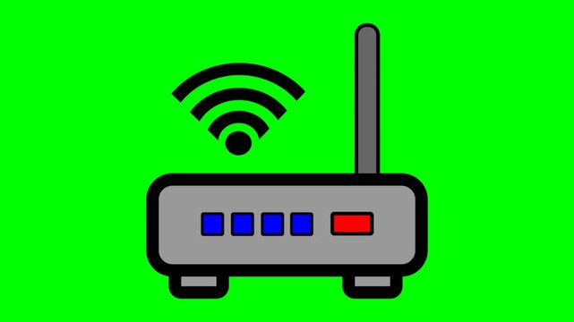 Animation of a Wi-Fi router modem emitting a wireless signal on a bright green screen background.