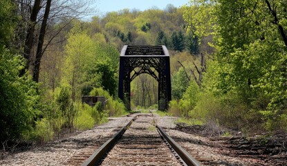 Train tracks lead to an old metal bridge surrounded by lush green trees.