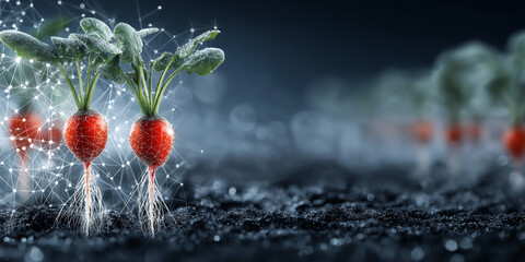 Digital representation of radish plants growing in dark, moist soil, with futuristic network overlay symbolizing technology integration in agriculture