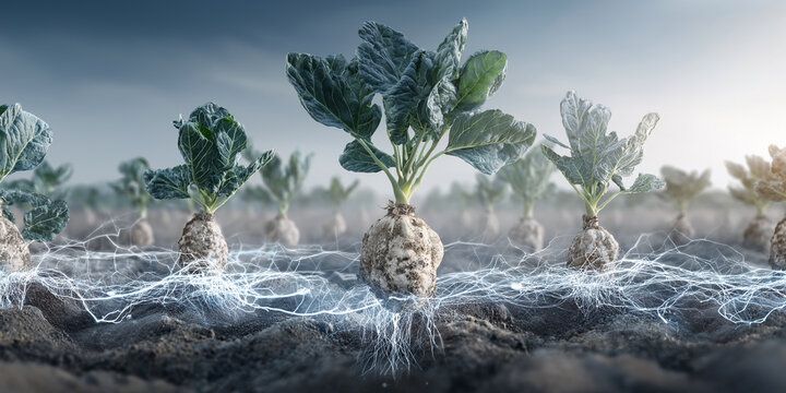 Young plants with visible roots and digital connections in soil, symbolizing technology in agriculture. scene is set in field under clear sky, highlighting innovation and growth