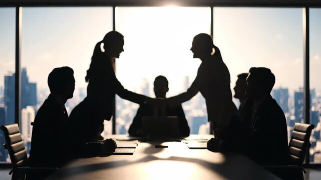 Silhouette Of Business Professionals Shaking Hands During Meeting In Office With Cityscape View In Background Highlighting Corporate Atmosphere