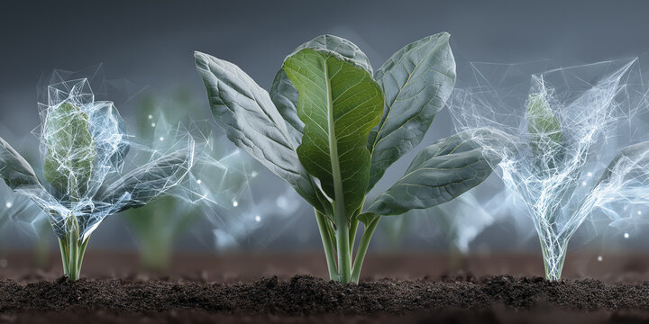 Young tobacco plants with green leaves grow in rich soil, surrounded by digital network graphics, symbolizing technology in agriculture