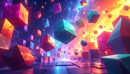 Abstract digital art with colorful cubes floating against a cosmic background, on a reflective surface