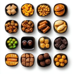 Obraz premium Assorted variety of healthy and induent snacks including nuts, chocolates, dried fruits, and candies arranged in black bowls on a white background