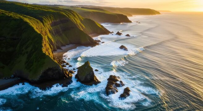 Sunset glow bathes dramatic coastal bluffs and verdant headlands where intense waves surge against isolated sea stacks and rocky beaches