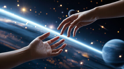 Two hands reaching towards each other in outer space with planets.