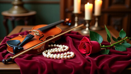 Violin, rose and pearl necklace on velvet fabric with candles.