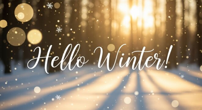 Hello winter! message on snowy forest background with warm sun rays and bokeh lights
