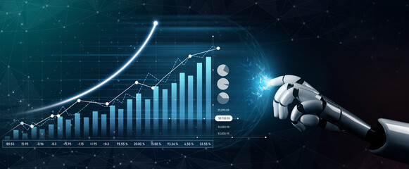 A robotic hand interacts with a digital financial graph showing increasing trends and metrics in a modern and innovative technology landscape, symbolizing growth and analytics. Scalp