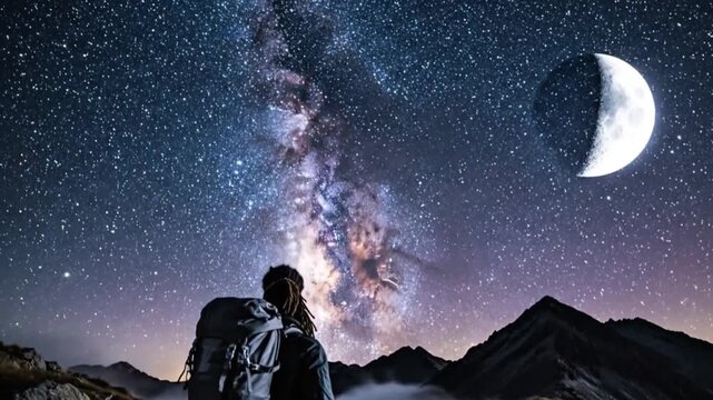 Hiker watching the Milky Way galaxy and crescent moon in the night sky.
