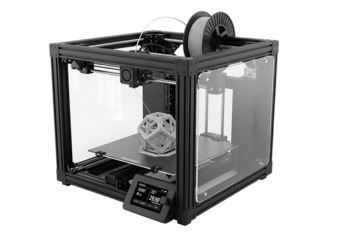 Modern enclosed 3d printer with intricate object printing inside isolated on transparent background