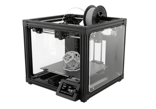 Modern enclosed 3d printer with intricate object printing inside isolated on transparent background