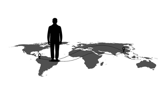 Global Connectivity: A silhouette of a person stands poised at the heart of the world, connected across continents, tracing a journey, a voyage or a destination across the globe. 