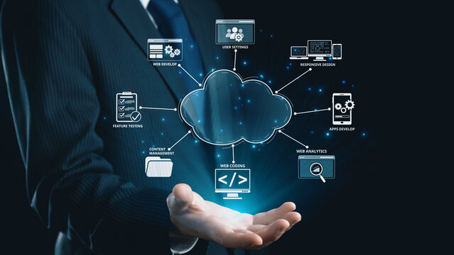 Cloud computing, cloud strategy, and cloud technology transforming digital infrastructure with scalable services, secure data storage, and cloud-based digital business solutions. Elide