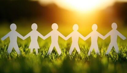 Diverse figures join hands in unity against a sunset backdrop.