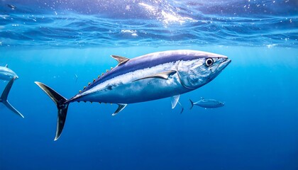 Fototapeta premium A sleek tuna swims in clear blue ocean waters, with two more blurred tunas in the background under sunlight