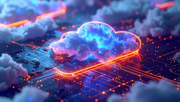 Abstract digital cloud with neon outline, atop a vibrant circuit board with bokeh-like light effects