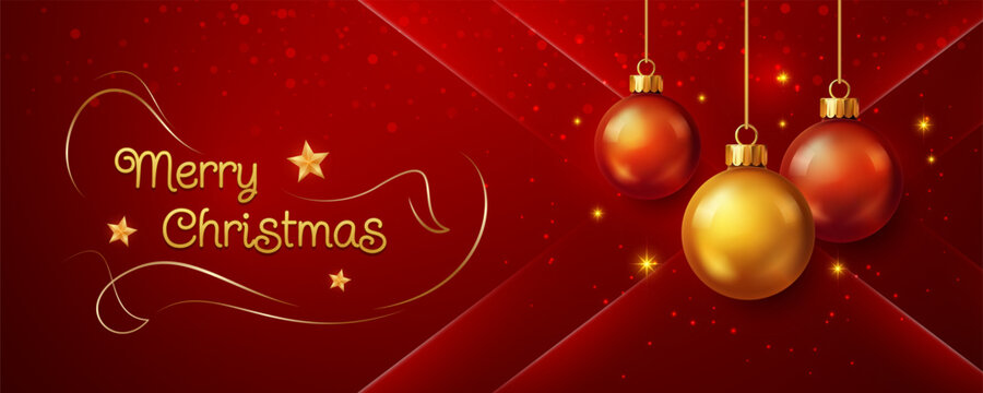 Merry Christmas gold script and three hanging festive ornaments on red