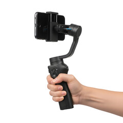 Hand holding a smartphone gimbal stabilizer for smooth video recording