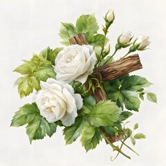 Watercolor illustration of white roses and wooden cross with green leaves, elegant floral composition for sympathy or wedding design