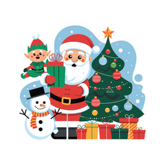 Santa Claus with Elf, Snowman, and Christmas Tree Holding Gift Illustration