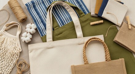 A flat lay of various eco-friendly reusable shopping bags made from natural fibers like canvas, jute, and cotton.