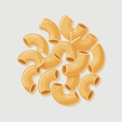 A top-down view of a pile of uncooked elbow macaroni pasta pieces, illustrating their curved shape and golden color.
